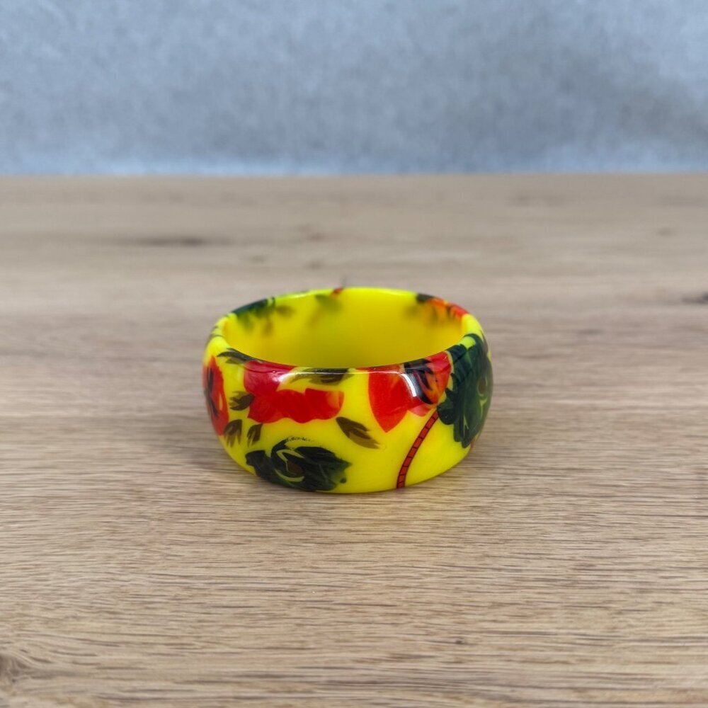 Vintage Laminated Lucite Bangle Bracelet Bright Yellow Red Green Floral Chunky